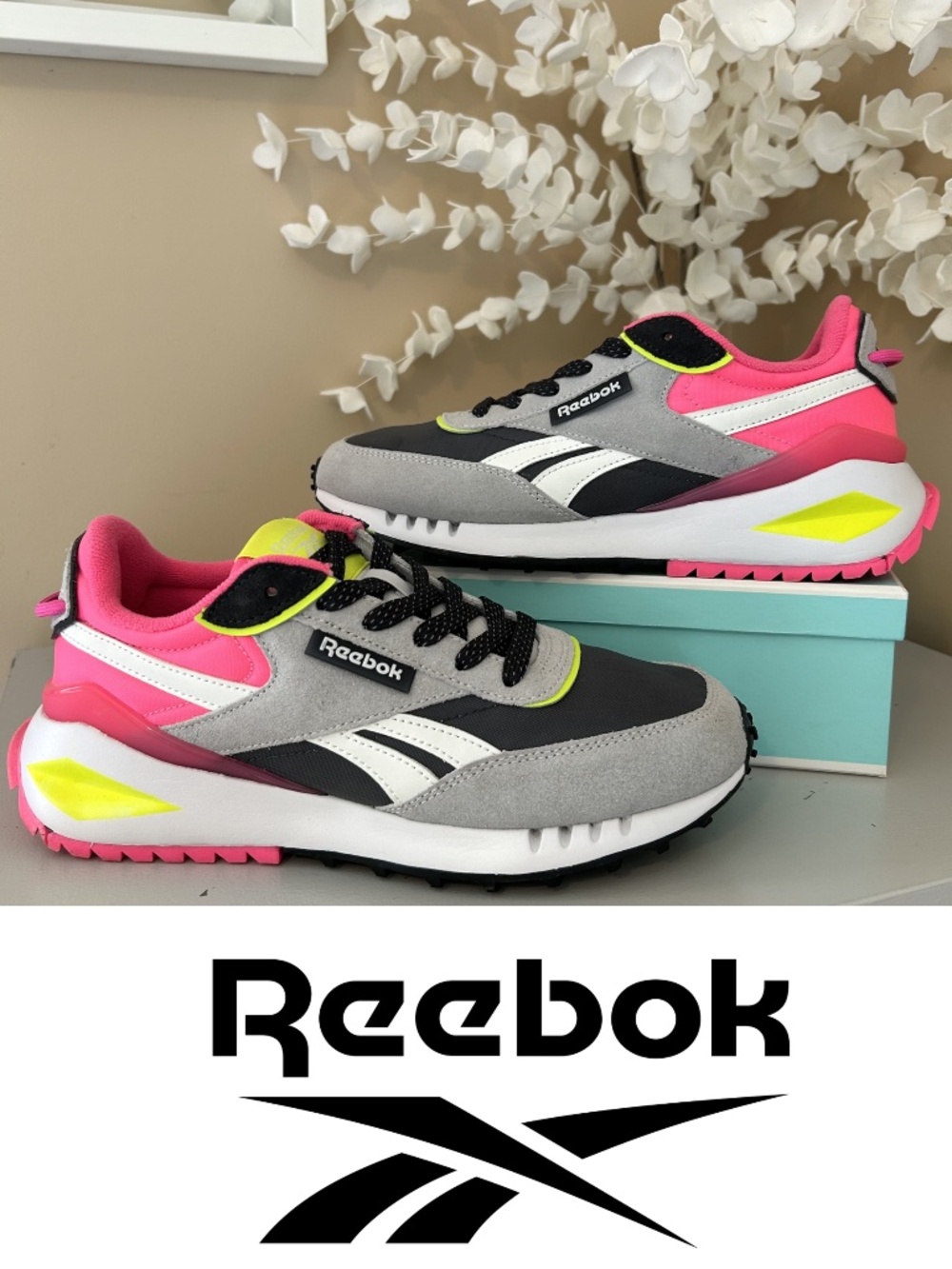EUC Reebok Forte Racer Sneakers Suede/Textile Grey/Yellow/Pink Size 8